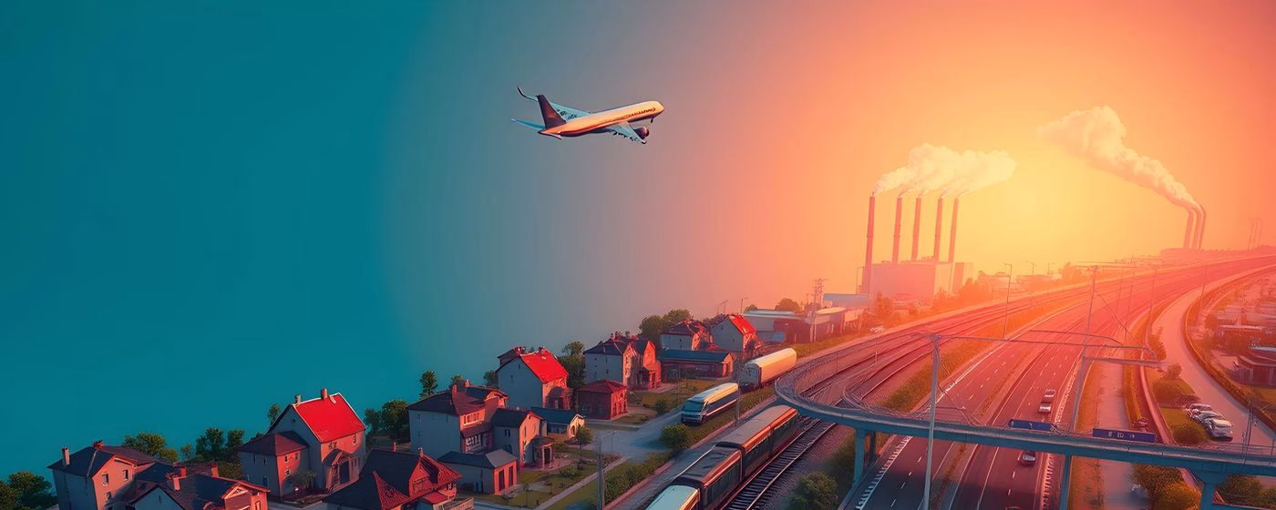 A neighbourhood beside an industrial plant and a rail line