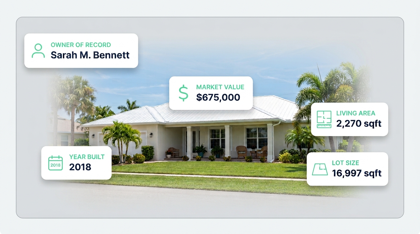 A property report: owner, market value, living area, lot size and year built shown around a Florida home