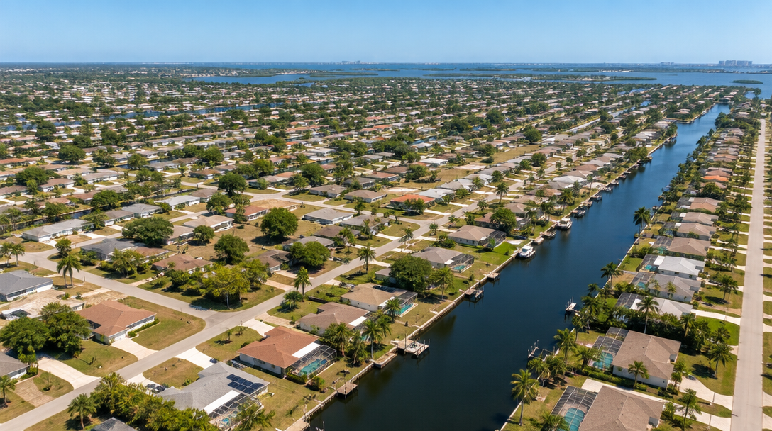 Aerial view of a Florida residential neighborhood at midday