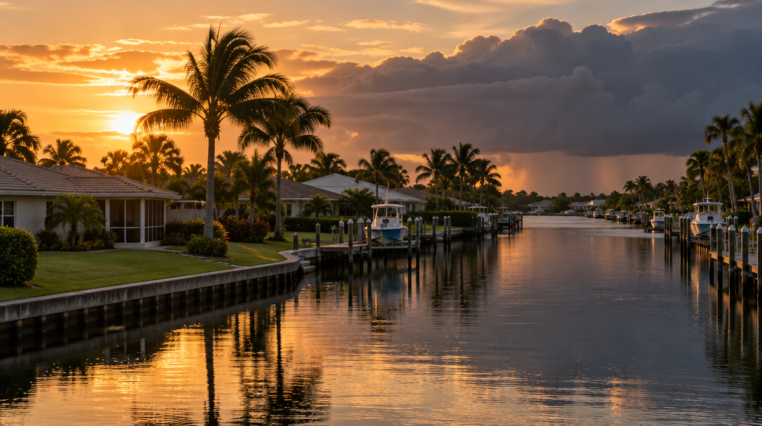 Quiet Florida residential street along a canal at golden hour