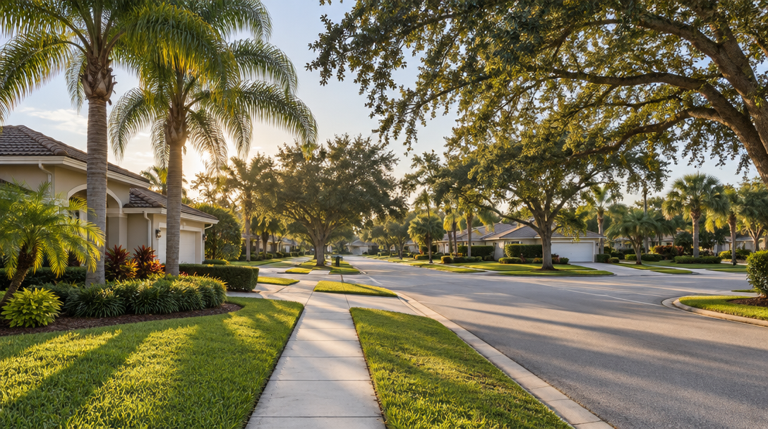 Well-kept Florida suburban residential street in morning light